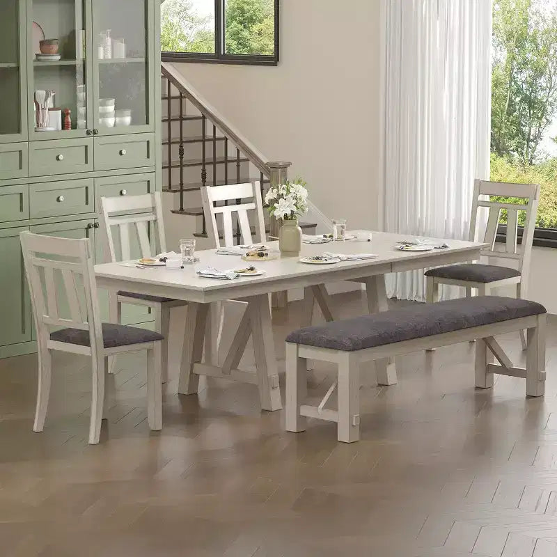 Set da pranzo rustico allungabile da 6 pezzi, tavolo in legno di gomma con 4 sedie da pranzo imbottite senza braccioli e panca per cucina, grigio