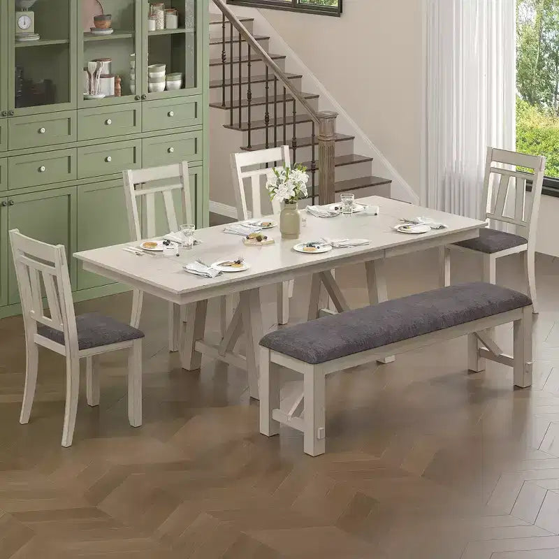 Set da pranzo rustico allungabile da 6 pezzi, tavolo in legno di gomma con 4 sedie da pranzo imbottite senza braccioli e panca per cucina, grigio