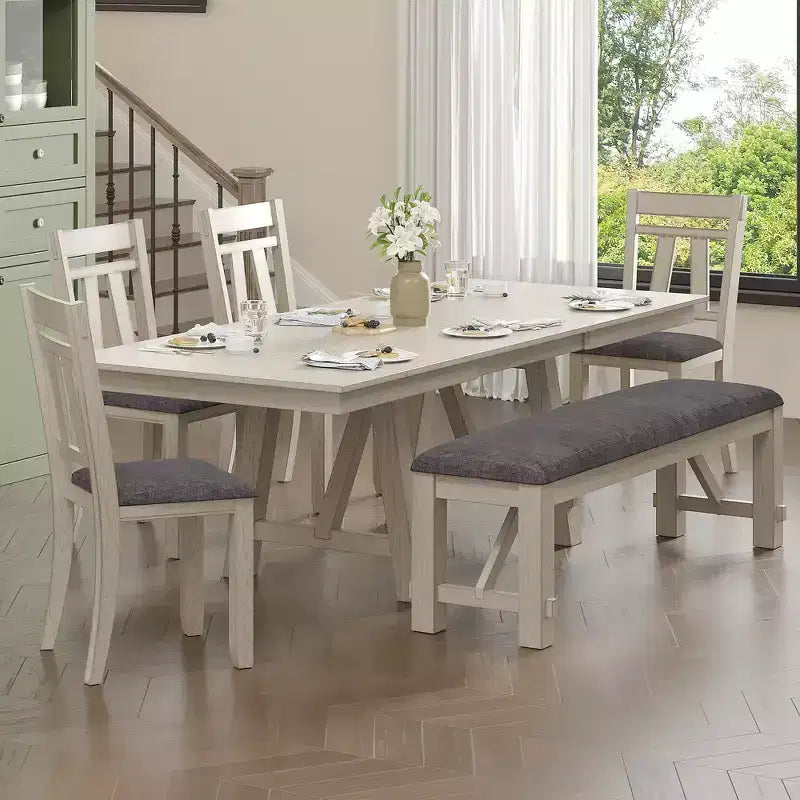 Set da pranzo rustico allungabile da 6 pezzi, tavolo in legno di gomma con 4 sedie da pranzo imbottite senza braccioli e panca per cucina, grigio