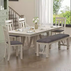 Set da pranzo rustico allungabile da 6 pezzi, tavolo in legno di gomma con 4 sedie da pranzo imbottite senza braccioli e panca per cucina, grigio