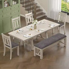 Set da pranzo rustico allungabile da 6 pezzi, tavolo in legno di gomma con 4 sedie da pranzo imbottite senza braccioli e panca per cucina, grigio