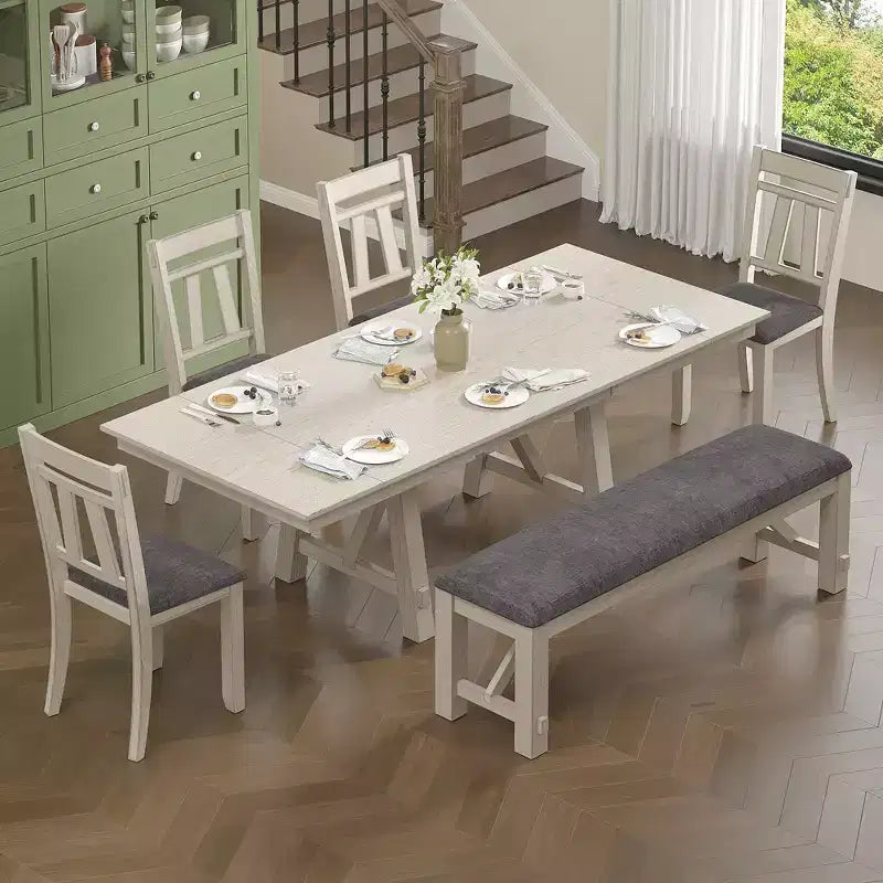 Set da pranzo rustico allungabile da 6 pezzi, tavolo in legno di gomma con 4 sedie da pranzo imbottite senza braccioli e panca per cucina, grigio