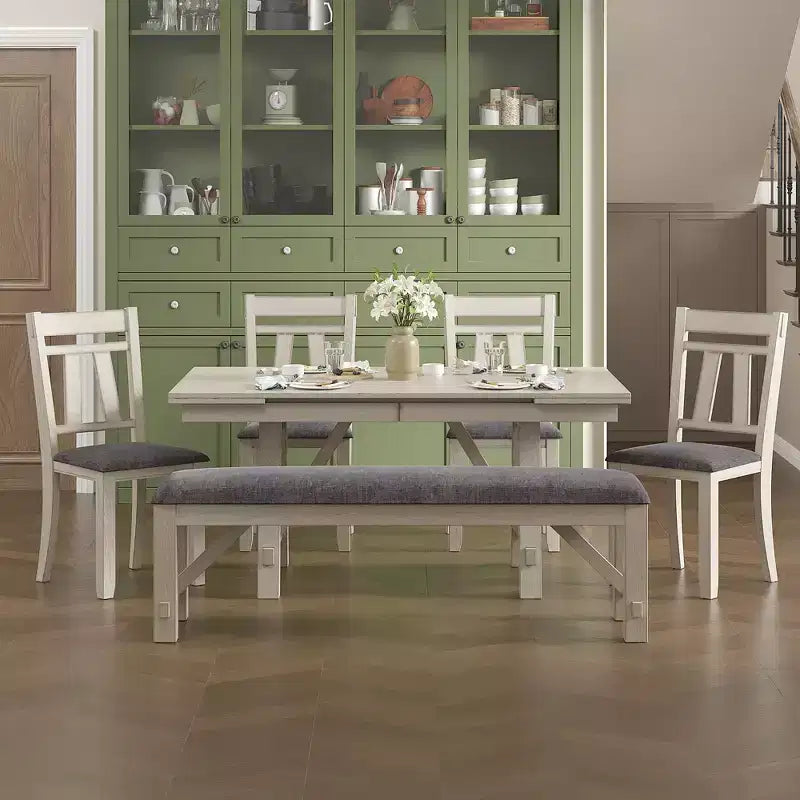 Set da pranzo rustico allungabile da 6 pezzi, tavolo in legno di gomma con 4 sedie da pranzo imbottite senza braccioli e panca per cucina, grigio