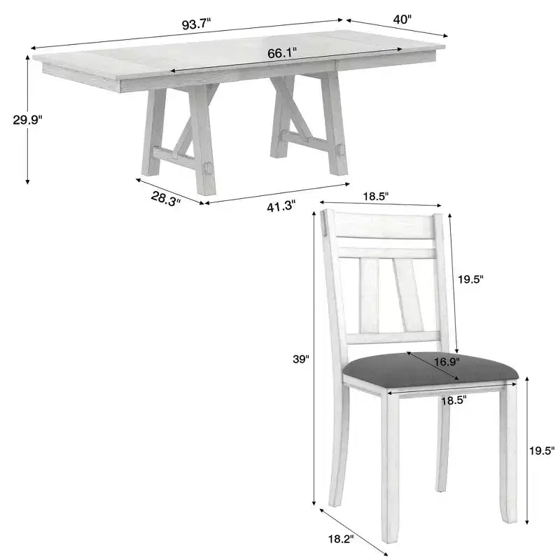 Set da pranzo rustico allungabile da 6 pezzi, tavolo in legno di gomma con 4 sedie da pranzo imbottite senza braccioli e panca per cucina, grigio