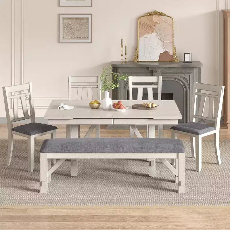 Set da pranzo rustico allungabile da 6 pezzi, tavolo in legno di gomma con 4 sedie da pranzo imbottite senza braccioli e panca per cucina, grigio