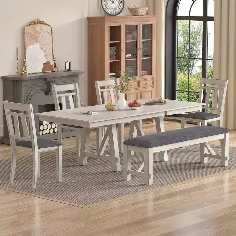 Set da pranzo rustico allungabile da 6 pezzi, tavolo in legno di gomma con 4 sedie da pranzo imbottite senza braccioli e panca per cucina, grigio