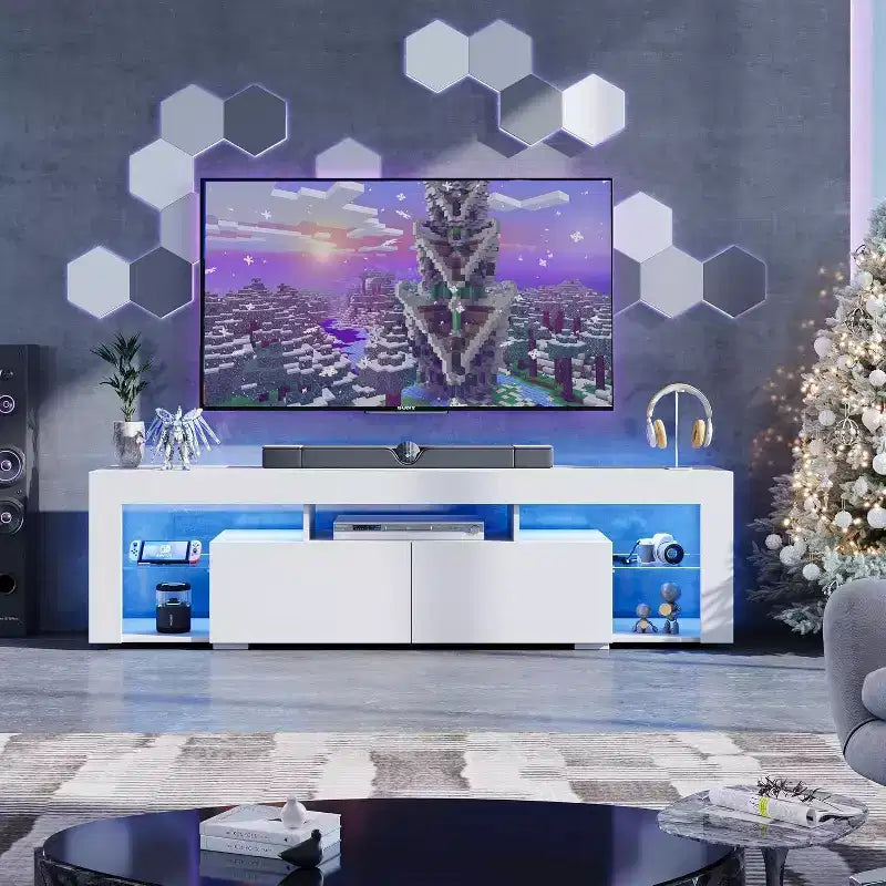 Mobile TV da 63 pollici per televisori da 55/60/65/70 pollici, Centro di intrattenimento moderno con ripiani aperti, Consolle TV in legno con 2 cassetti portaoggetti, Nero