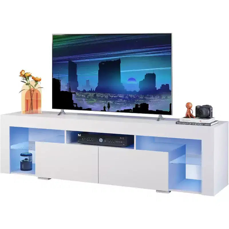 Mobile TV da 63 pollici per televisori da 55/60/65/70 pollici, Centro di intrattenimento moderno con ripiani aperti, Consolle TV in legno con 2 cassetti portaoggetti, Nero