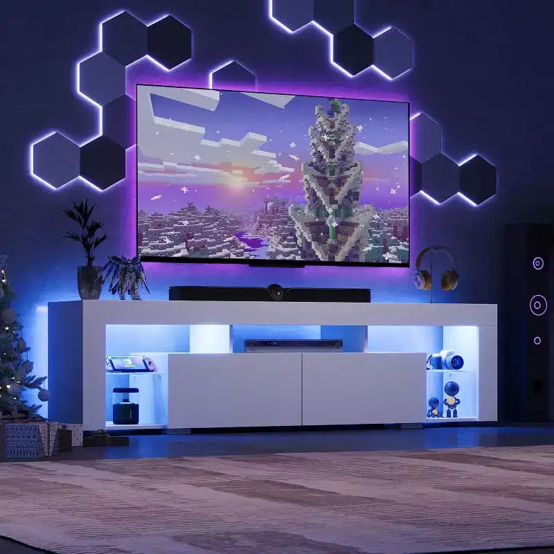 Mobile TV da 63 pollici per televisori da 55/60/65/70 pollici, Centro di intrattenimento moderno con ripiani aperti, Consolle TV in legno con 2 cassetti portaoggetti, Nero