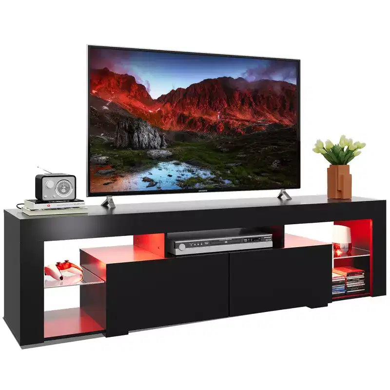 Mobile TV da 63 pollici per televisori da 55/60/65/70 pollici, Centro di intrattenimento moderno con ripiani aperti, Consolle TV in legno con 2 cassetti portaoggetti, Nero