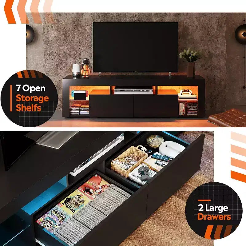 Mobile TV da 63 pollici per televisori da 55/60/65/70 pollici, Centro di intrattenimento moderno con ripiani aperti, Consolle TV in legno con 2 cassetti portaoggetti, Nero