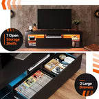 Mobile TV da 63 pollici per televisori da 55/60/65/70 pollici, Centro di intrattenimento moderno con ripiani aperti, Consolle TV in legno con 2 cassetti portaoggetti, Nero