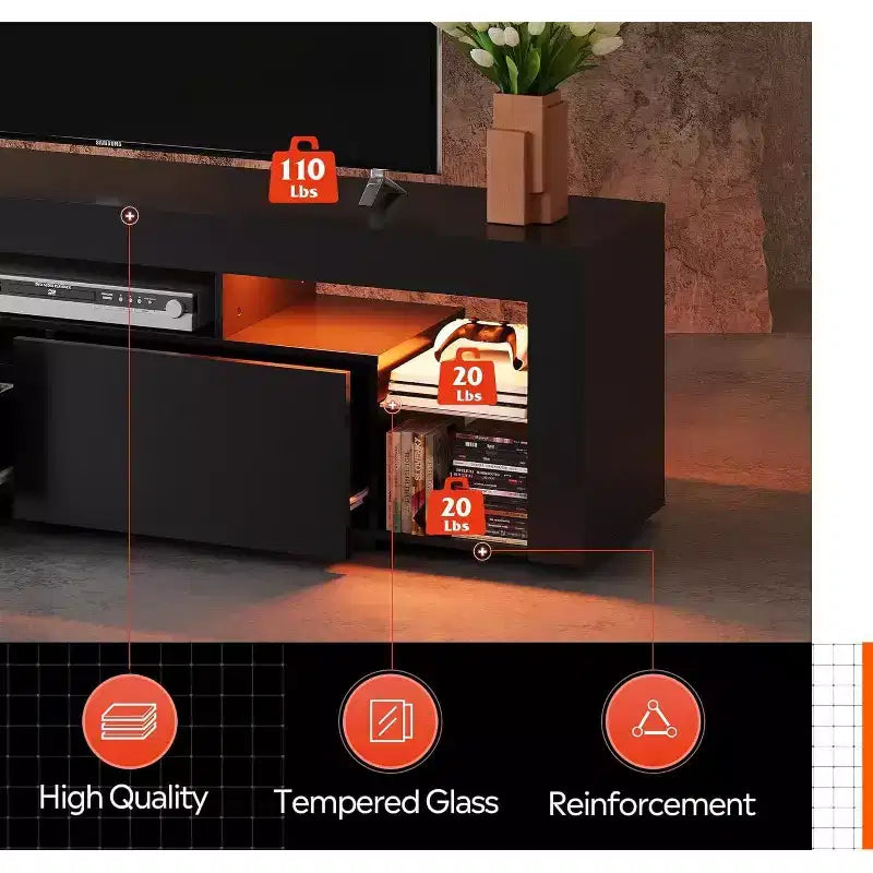Mobile TV da 63 pollici per televisori da 55/60/65/70 pollici, Centro di intrattenimento moderno con ripiani aperti, Consolle TV in legno con 2 cassetti portaoggetti, Nero