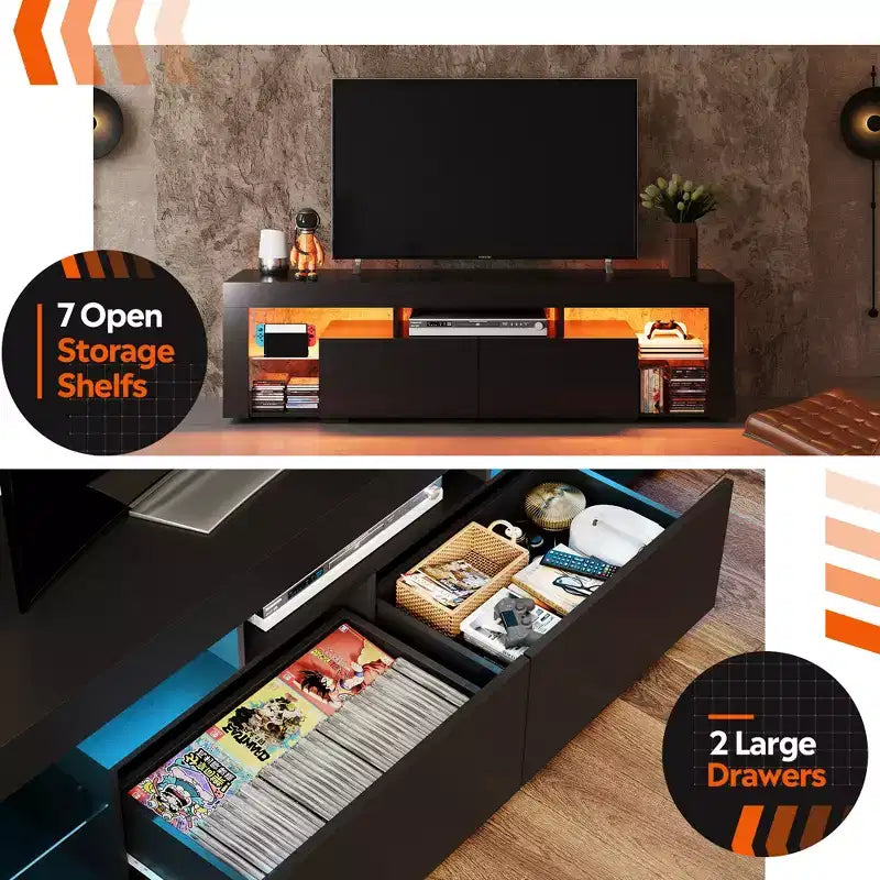 Mobile TV da 63 pollici per televisori da 55/60/65/70 pollici, Centro di intrattenimento moderno con ripiani aperti, Consolle TV in legno con 2 cassetti portaoggetti, Nero