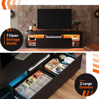 Mobile TV da 63 pollici per televisori da 55/60/65/70 pollici, Centro di intrattenimento moderno con ripiani aperti, Consolle TV in legno con 2 cassetti portaoggetti, Nero