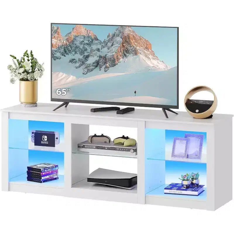 Mobile TV con luci LED per TV fino a 65 pollici, Centro di Intrattenimento con Ripiani in Vetro, Consolle TV Moderna per Soggiorno, Bianco
