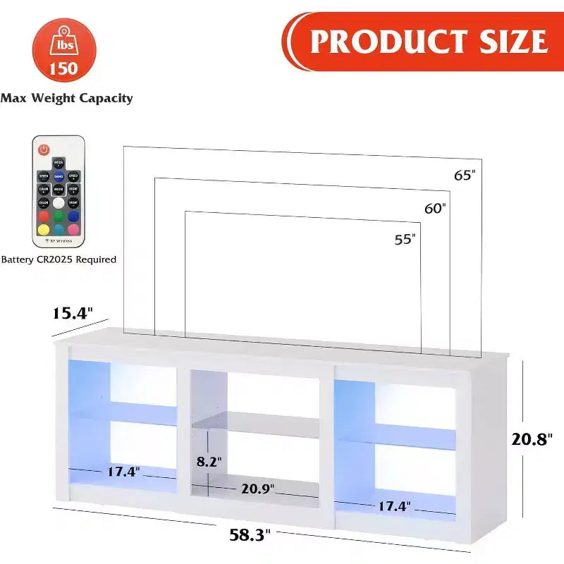 Mobile TV con luci LED per TV fino a 65 pollici, Centro di Intrattenimento con Ripiani in Vetro, Consolle TV Moderna per Soggiorno, Bianco
