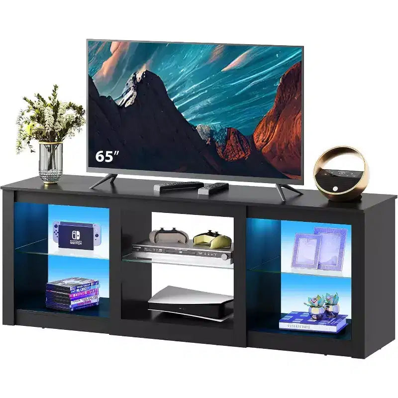 Mobile TV con luci LED per TV fino a 65 pollici, Centro di Intrattenimento con Ripiani in Vetro, Consolle TV Moderna per Soggiorno, Bianco