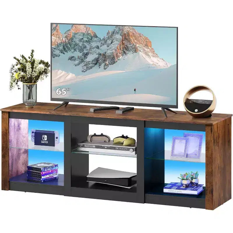 Mobile TV con luci LED per TV fino a 65 pollici, Centro di Intrattenimento con Ripiani in Vetro, Consolle TV Moderna per Soggiorno, Bianco