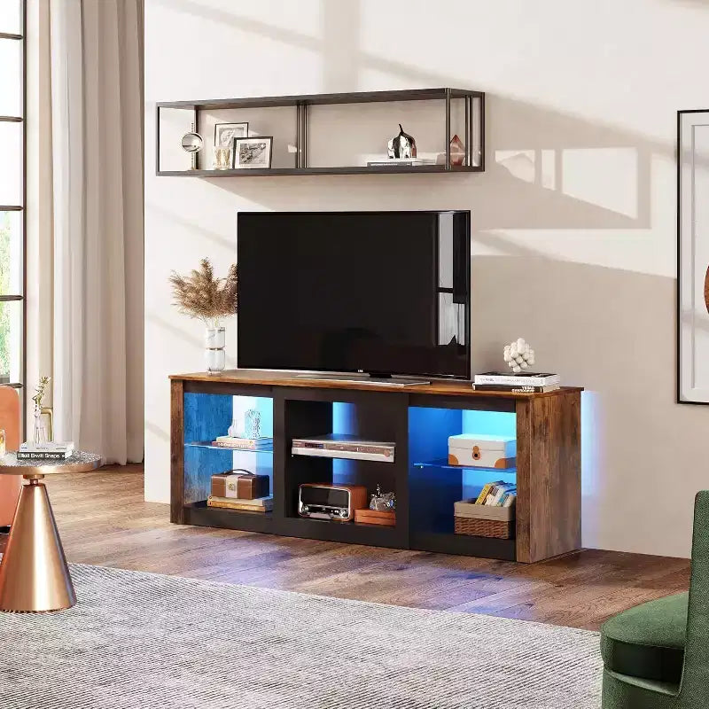 Mobile TV con luci LED per TV fino a 65 pollici, Centro di Intrattenimento con Ripiani in Vetro, Consolle TV Moderna per Soggiorno, Bianco