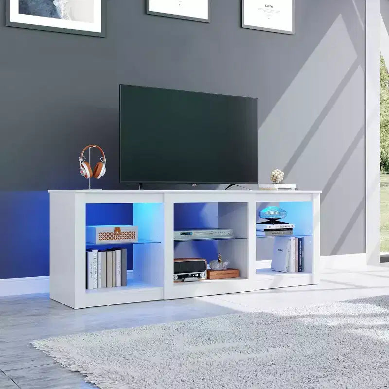 Mobile TV con luci LED per TV fino a 65 pollici, Centro di Intrattenimento con Ripiani in Vetro, Consolle TV Moderna per Soggiorno, Bianco