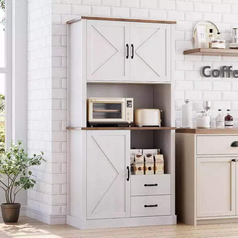 Mobile Dispensa da Cucina Elegante con Supporto per Microonde, Credenza Alta con Cassetti e Ripiani, Soluzione di Archiviazione Perfetta per Sala da Pranzo e Soggiorno