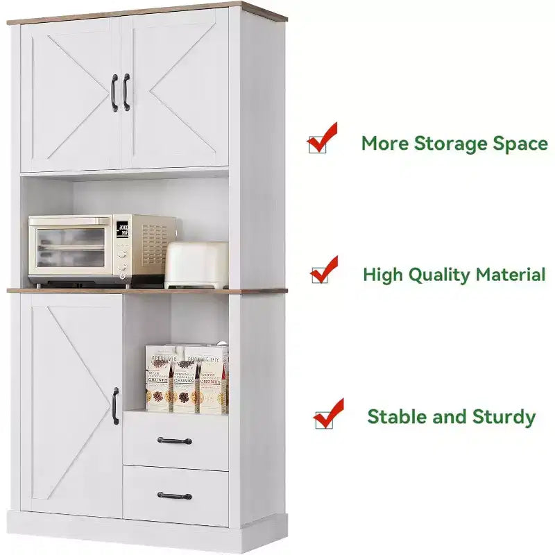 Mobile Dispensa da Cucina Elegante con Supporto per Microonde, Credenza Alta con Cassetti e Ripiani, Soluzione di Archiviazione Perfetta per Sala da Pranzo e Soggiorno