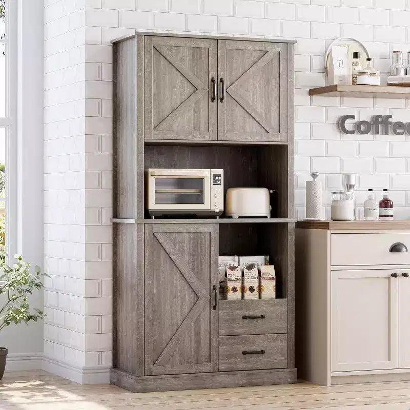 Mobile Dispensa da Cucina Elegante con Supporto per Microonde, Credenza Alta con Cassetti e Ripiani, Soluzione di Archiviazione Perfetta per Sala da Pranzo e Soggiorno