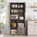 Mobile Dispensa da Cucina Elegante con Supporto per Microonde, Credenza Alta con Cassetti e Ripiani, Soluzione di Archiviazione Perfetta per Sala da Pranzo e Soggiorno