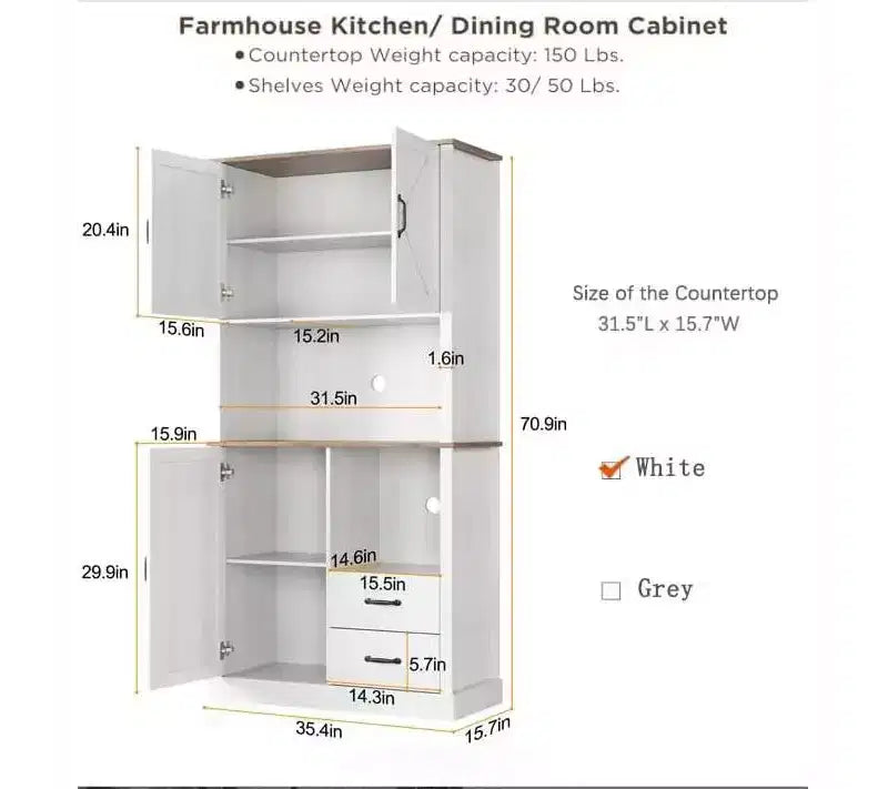 Mobile Dispensa da Cucina Elegante con Supporto per Microonde, Credenza Alta con Cassetti e Ripiani, Soluzione di Archiviazione Perfetta per Sala da Pranzo e Soggiorno