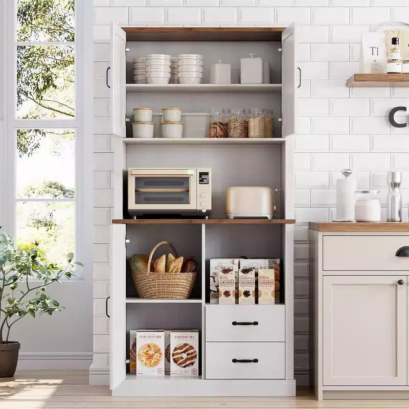 Mobile Dispensa da Cucina Elegante con Supporto per Microonde, Credenza Alta con Cassetti e Ripiani, Soluzione di Archiviazione Perfetta per Sala da Pranzo e Soggiorno