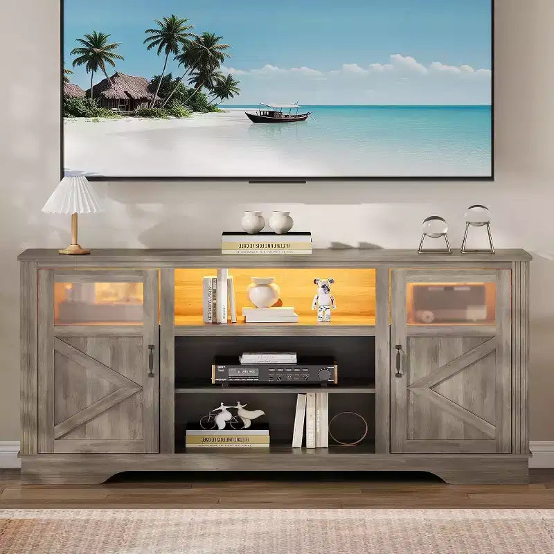 Mobile TV rustico con luci a LED, elegante centro di intrattenimento per TV da 65 pollici, con armadietti e ripiani aperti
