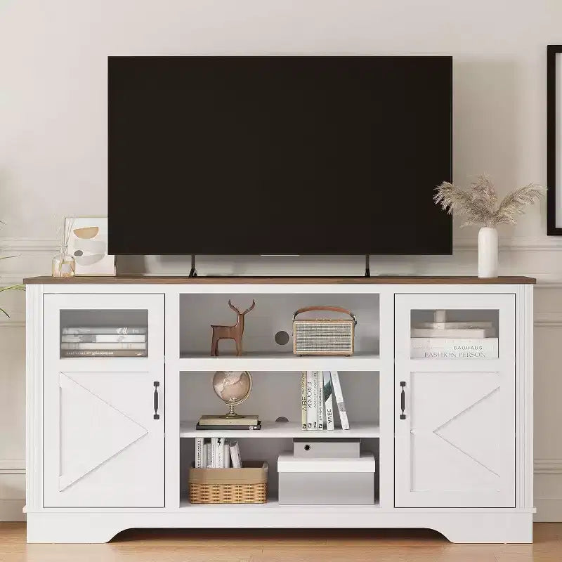 Mobile TV rustico con luci a LED, elegante centro di intrattenimento per TV da 65 pollici, con armadietti e ripiani aperti