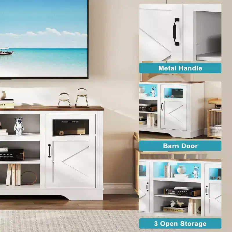 Mobile TV rustico con luci a LED, elegante centro di intrattenimento per TV da 65 pollici, con armadietti e ripiani aperti