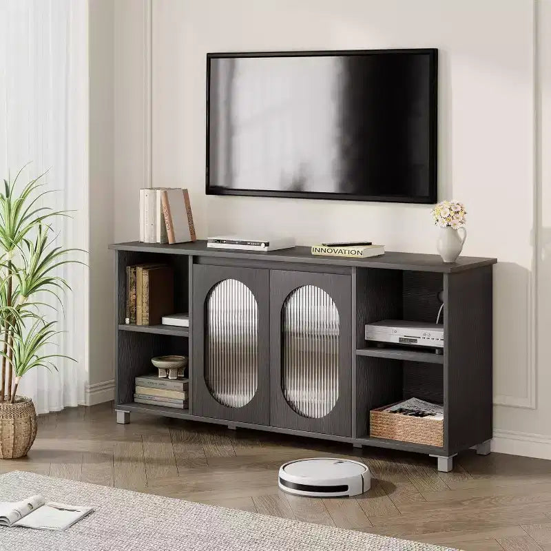 Mobile TV Moderno per Televisore da 70 Pollici, Consolle Multimediale Nera con Ante e Ripiani in Vetro, Mobile Contenitore per Soggiorno