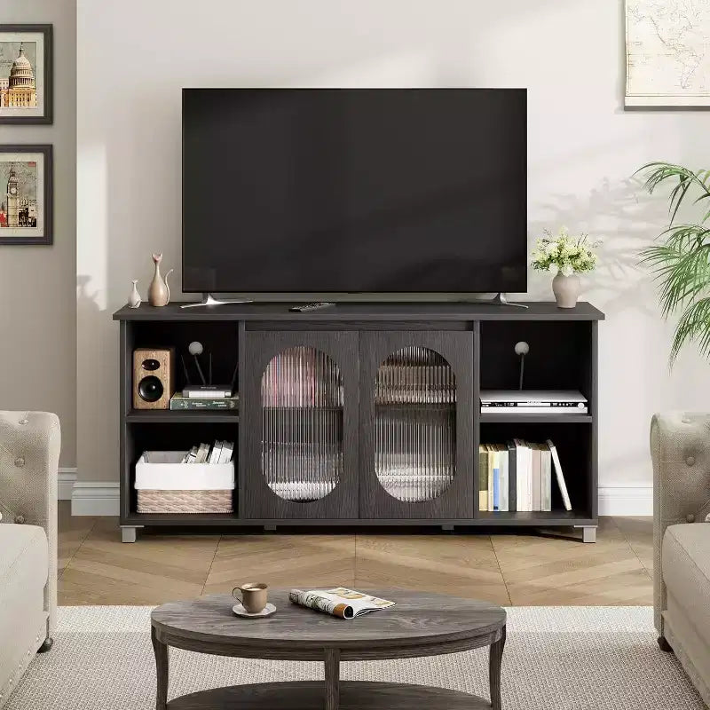 Mobile TV Moderno per Televisore da 70 Pollici, Consolle Multimediale Nera con Ante e Ripiani in Vetro, Mobile Contenitore per Soggiorno