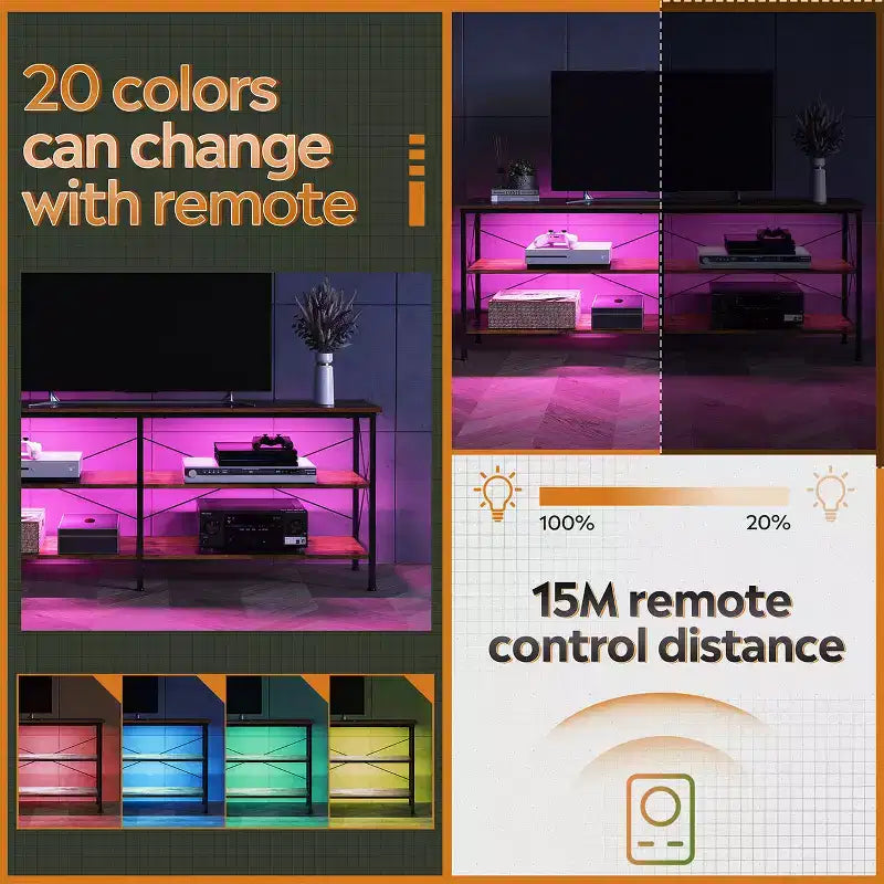 Mobile TV per TV da 65-70 pollici con luci LED, Centro di intrattenimento gaming con spazio contenitivo, Consolle TV industriale per soggiorno, Greige