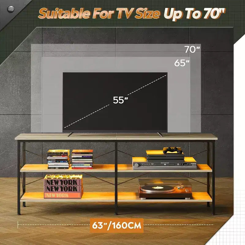 Mobile TV per TV da 65-70 pollici con luci LED, Centro di intrattenimento gaming con spazio contenitivo, Consolle TV industriale per soggiorno, Greige
