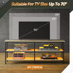 Mobile TV per TV da 65-70 pollici con luci LED, Centro di intrattenimento gaming con spazio contenitivo, Consolle TV industriale per soggiorno, Greige