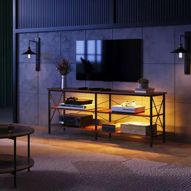 Mobile TV per TV da 65-70 pollici con luci LED, Centro di intrattenimento gaming con spazio contenitivo, Consolle TV industriale per soggiorno, Greige