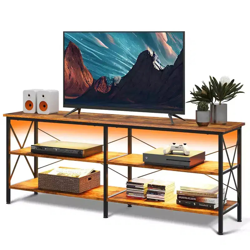 Mobile TV per TV da 65-70 pollici con luci LED, Centro di intrattenimento gaming con spazio contenitivo, Consolle TV industriale per soggiorno, Greige