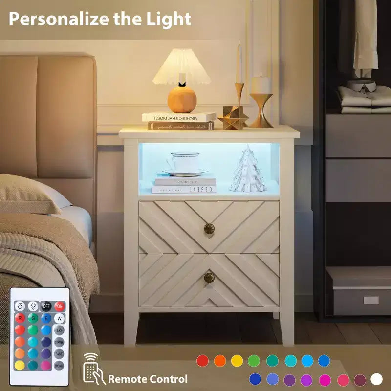 Elegante comodino a LED con 2 cassetti e luci colorate telecomandate - Perfetto per camere da letto moderne