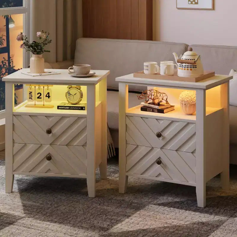Elegante comodino a LED con 2 cassetti e luci colorate telecomandate - Perfetto per camere da letto moderne