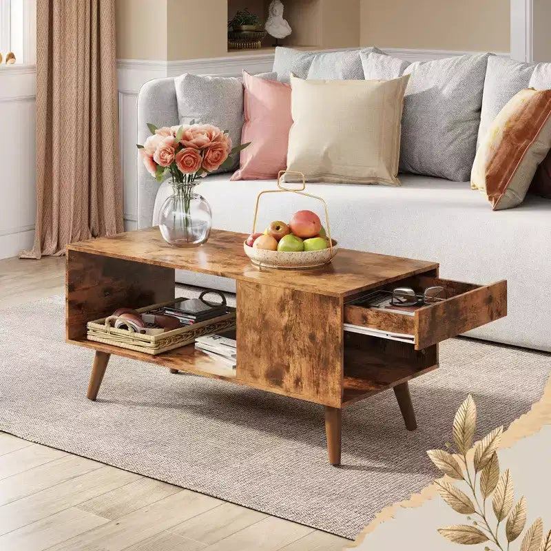 Wood Coffee Table with Sliding Top up to 50 TV, Modern Center Table with Open Storage Shelf for Living Room, Bedroom, Rustic Brown
