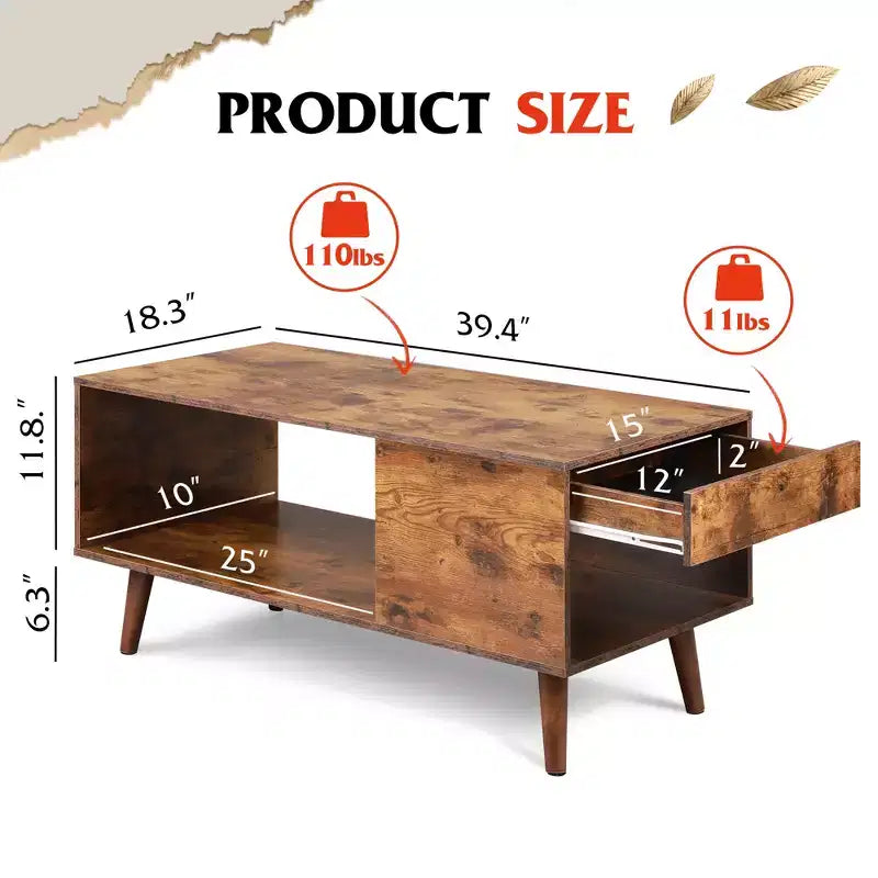 Tavolino da Caffè in Legno con Piano Scorrevole per TV fino a 50 Pollici, Tavolo Centrale Moderno con Ripiano Portaoggetti Aperto per Salotto, Camera da Letto, Marrone Rustico