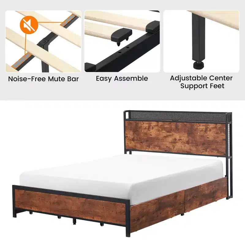 Struttura letto con cassetti contenitore, luci LED, stazione di ricarica e robuste doghe in legno