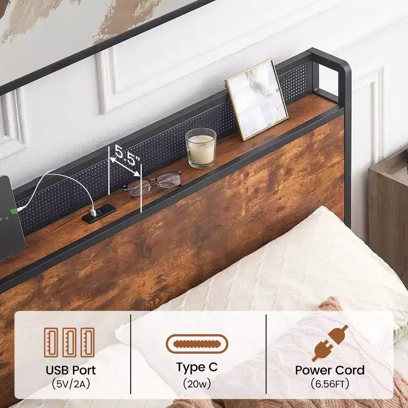 Struttura letto con cassetti contenitore, luci LED, stazione di ricarica e robuste doghe in legno