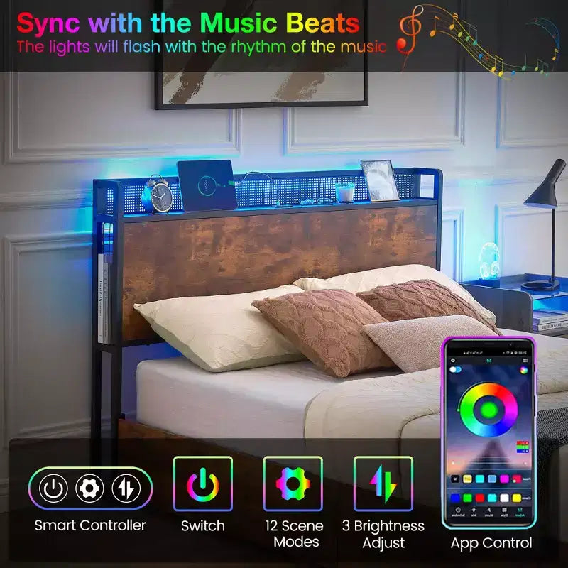 Struttura letto con cassetti contenitore, luci LED, stazione di ricarica e robuste doghe in legno