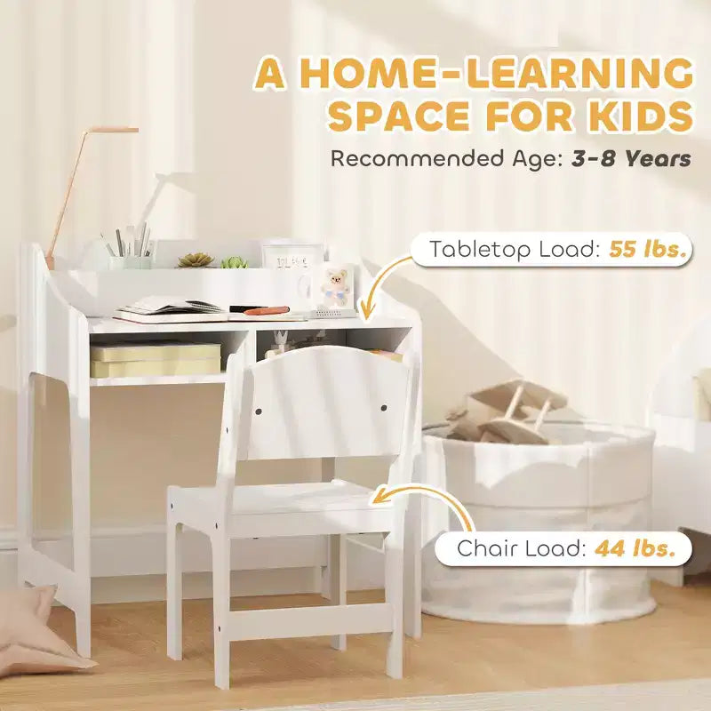 Set Scrivania e Sedia per Bambini, Tavolo Studio per Bambini con Ripiani Portaoggetti, Scrivania da Scrittura per Studenti per Camera da Letto e Studio, 3-8 Anni