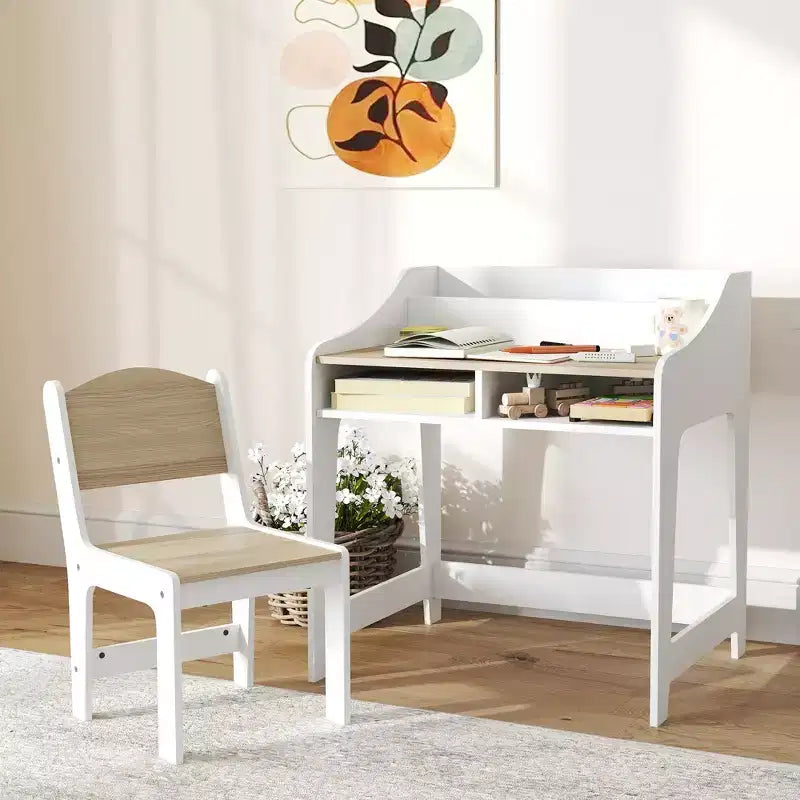 Set Scrivania e Sedia per Bambini, Tavolo Studio per Bambini con Ripiani Portaoggetti, Scrivania da Scrittura per Studenti per Camera da Letto e Studio, 3-8 Anni